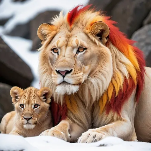 Prompt: white lion with red orange and yellow mane and silver eyes the fluff at the end of the lions tail is gold, with its two lion cubs, one lion cub is red and orange, the other is silver and yellow detailed the lions are on a rock surrounded with snow and ice/the artic, make sure the lion and its two cubs have the color in the prompt