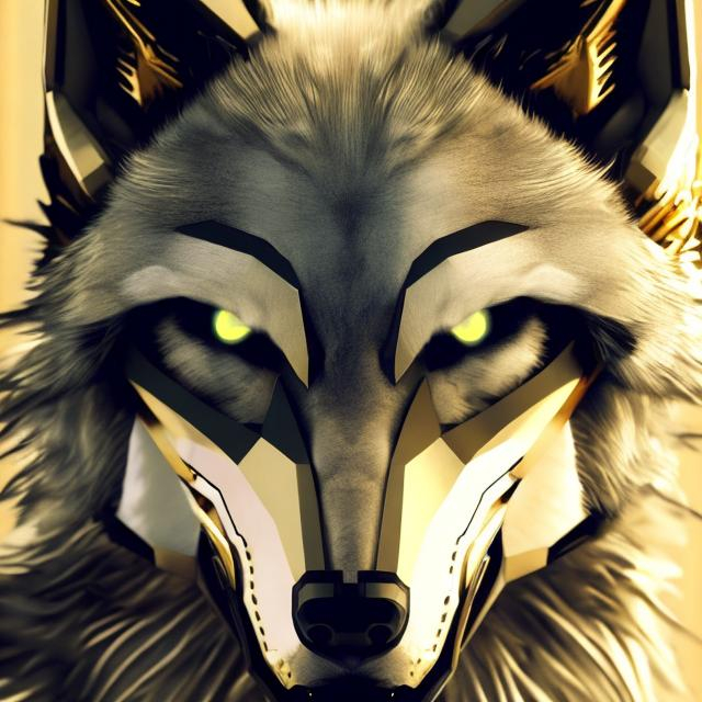 Prompt: Bright gold futuristic wolf, detailed fur with golden highlights, intense and focused gaze, high-tech collar, futuristic sci-fi setting, futuristic cityscape with golden accents, cool tones with bright gold highlights, best quality, highres, ultra-detailed, sci-fi, futuristic, bright gold, cool tones, detailed fur, intense gaze, futuristic cityscape