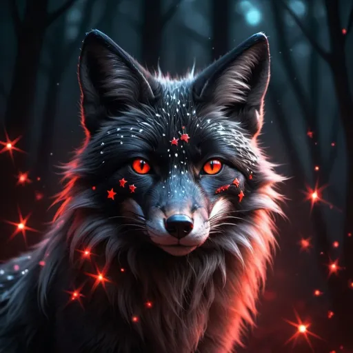 Prompt: Black fox with glowing red stars, mystical fantasy theme, highres, detailed fur, atmospheric lighting, fantasy, mystical, detailed eyes, sleek design, professional, glowing red stars, cool tones, detailed fur, atmospheric lighting