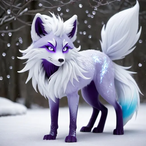 Prompt: ice elemental fox, feral vixen, kitsune, nine-tailed fox, snowy lilac fur, bright rainbow purple aurora eyes, periwinkle purple ears, frost, falling snow, shattered ice, soft moonlight,stunning youthful vixen, gazing at viewer, gorgeous, muscular forelegs, flowing aurora hair, athletic, agile, small but absurdly powerful, enchanting, timid
