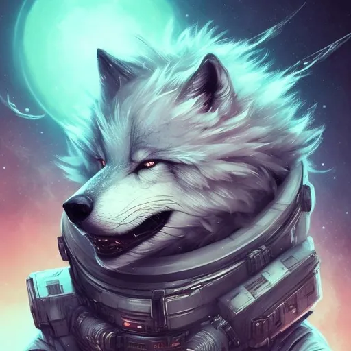 Prompt: Detailed, cute, fluffy, sci-fi wolf in space, highres, ultra-detailed, sci-fi, cool tones, space, detailed fur, intense gaze, futuristic, atmospheric lighting