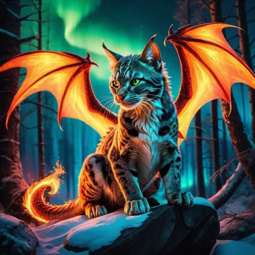 Prompt: wild cat dragon warrior fire element siting in hyper realistic fantasy forest future seen with northern lights above the wild cat warrior the wild fire element cat dragon has two dragon wings cute detailed
