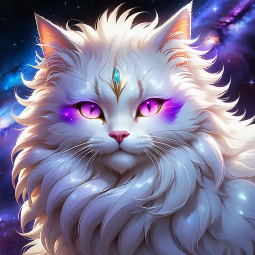 Prompt: clawmaster cat with {white fur} and {amethyst purple eyes}, elder female cat, cosmic auroras, Erin Hunter, gorgeous anime portrait, beautiful cartoon, 2d cartoon, beautiful 8k eyes, elegant {white fur}, glossy sheen fur, pronounced scar on chest, fine oil painting, modest, gazing at viewer, beaming red eyes, glistening red fur, low angle view, zoomed out view of character, 64k, hyper detailed, expressive, timid, graceful, beautiful, expansive silky mane, deep starry sky, golden ratio, precise, perfect proportions, vibrant, standing majestically on a tall crystal stone, hyper detailed, complementary colors, UHD, HDR, top quality artwork, beautiful detailed background, unreal 5, artstaion, deviantart, instagram, professional, masterpiece 