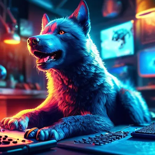 Prompt: Detailed digital illustration of a blue dog playing video games, high quality, ultra-detailed, vibrant colors, playful and energetic, digital painting, cool tones, realistic fur texture, futuristic gaming setup, intense focus, professional, atmospheric lighting, futuristic, cool-toned, detailed eyes