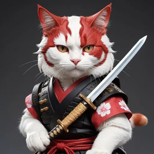 Prompt: A red and white cat wearing a black samurai outfit. Has a scar on face. Anime style, holding sword at the hilt hyper realistic
