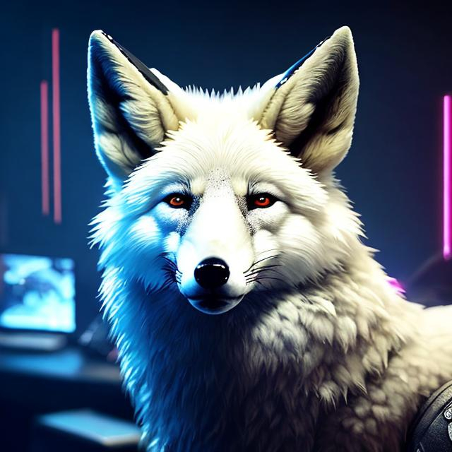 Prompt: White fox playing video games, detailed fur with cool reflections, intense and focused gaze, high-tech gaming setup, futuristic neon lighting, best quality, ultra-detailed, realistic, cool tones, professional, atmospheric lighting