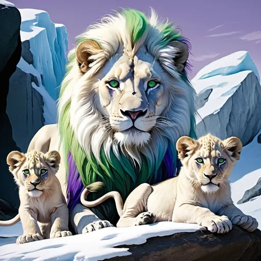 Prompt: white lion with green blue and purple mane and gold eyes the fluff at the end of the lions tail is silver, with its two lion cubs, one lion cub is blue and purple, the other is silver and gold detailed the lions are on a rock surrounded with snow and ice/the artic, make sure the lion and its two cubs have the color in the prompt