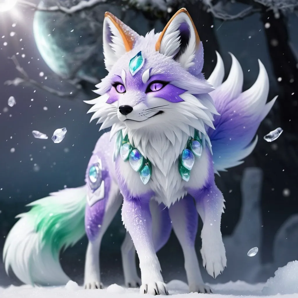 Prompt: ice elemental fox, samurai feral fox, kitsune, nine-tailed fox, snowy lilac fur, bright rainbow purple aurora eyes, periwinkle green ears, frost, falling snow, shattered ice, soft moonlight,stunning youthful vixen, gazing at viewer, gorgeous, muscular forelegs, athletic, agile, small but absurdly powerful, enchanting, timid
no backroad cut out the fox samurai! no orange