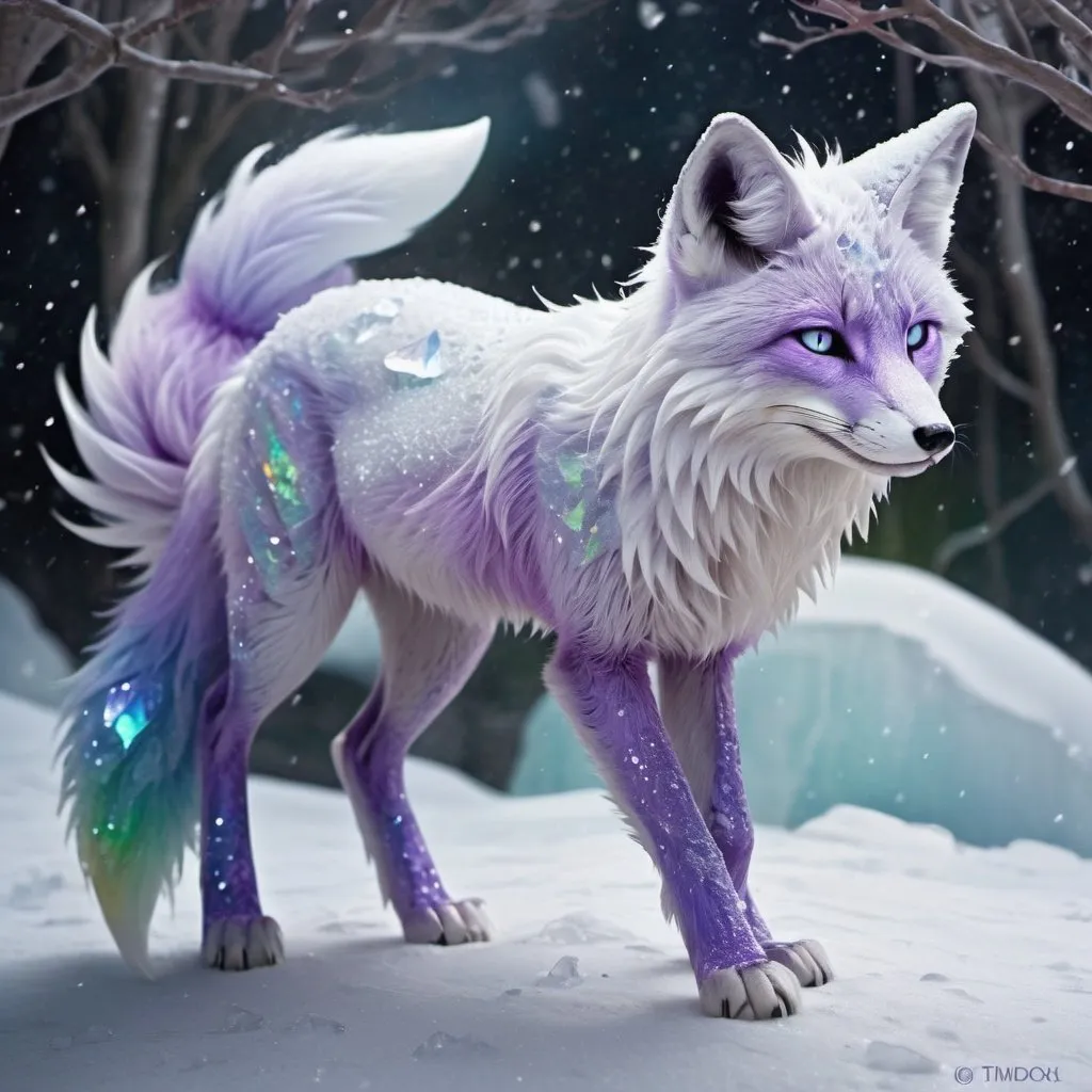 Prompt: ice elemental fox, feral fox, kitsune, nine-tailed fox, snowy lilac fur, bright rainbow purple aurora eyes, periwinkle green ears, frost, falling snow, shattered ice, soft moonlight,stunning youthful vixen, gazing at viewer, gorgeous, muscular forelegs, athletic, agile, small but absurdly powerful, enchanting, timid
