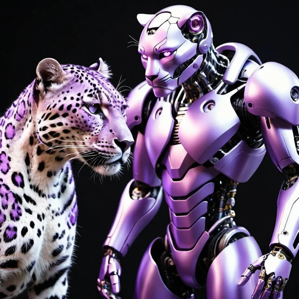 Prompt: a light purple leopard with a cyborg beside it they are not getting along the cyborg is half man half robot the 