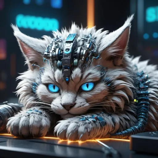 Prompt: Highly detailed phoenixpunk scene cub sleeping, hyper-realistic 4K rendering, volumetric lighting, HD quality, futuristic cityscape backdrop, mechanical feline with intricate joints and circuit patterns, cool-toned futuristic atmosphere, detailed fur with lifelike textures, cyberpunk aesthetic, ultra-detailed, volumetric lighting, professional rendering, HD, 4K blue eyes sleeping fluffy still colorful (playing video games)