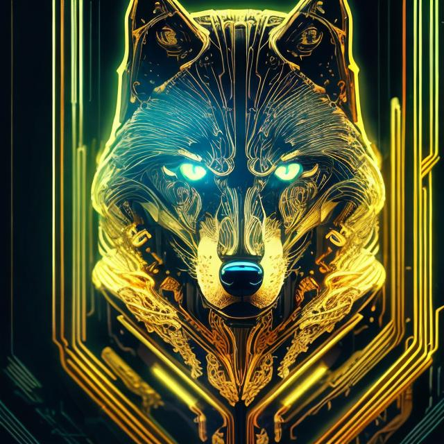 Prompt: Bright gold sci-fi wolf, metallic sheen, futuristic neon glow, intricate mechanical details, high quality, ultra-detailed, sci-fi, cyberpunk, gold tones, futuristic, neon lighting