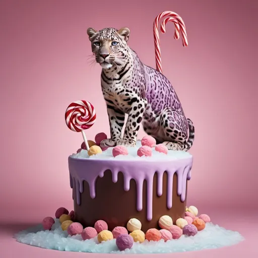 Prompt: a small light purple leopard on a big candy island in the ocean made of ice cream, lollypops, chocolate bars, and candy canes