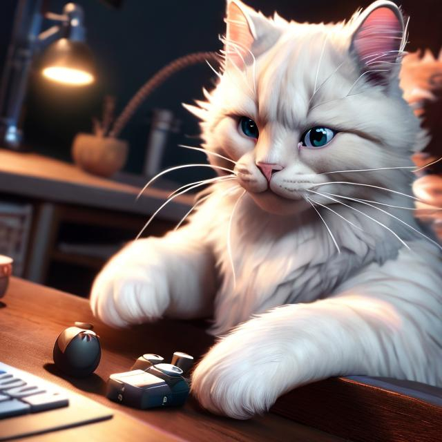 Prompt: Detailed, high-res illustration of a white cat playing video games, realistic digital art, cozy and warm atmosphere, intense concentration, realistic fur and whiskers, detailed controller, soft lighting, high quality, realistic, cozy atmosphere, detailed fur, gaming, intense focus, realistic lighting, white cat