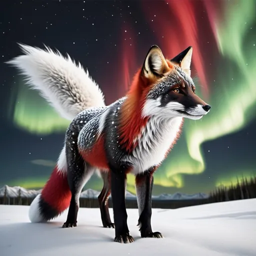 Prompt: black and white fox with black two wings with a accent of white and one black tail with red spikes the fox is flying in the sky with the northern lights in the sky too  hyper realistic good lighting