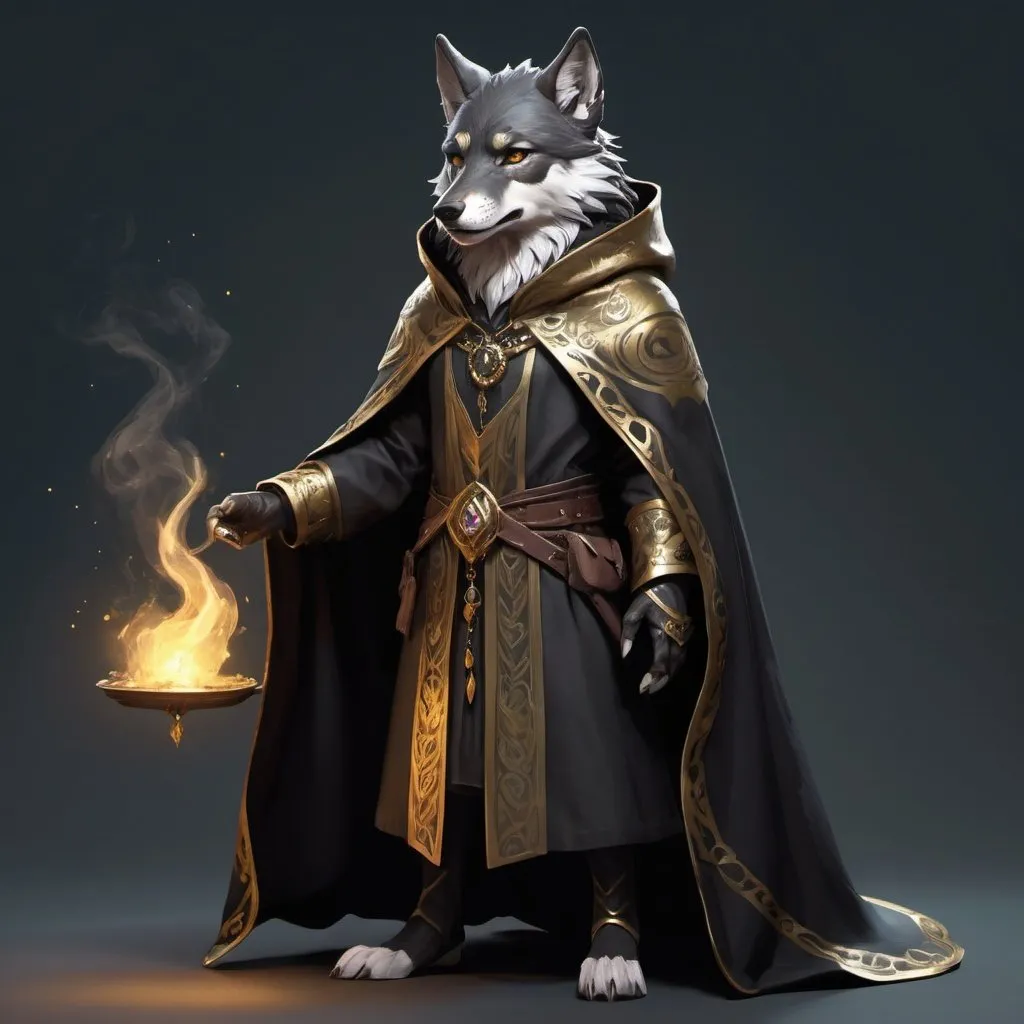 Prompt: high resolution, high fantasy, tiny anthropomorphic wolf, Spellcaster, fine clothing, a black gold cloak,
