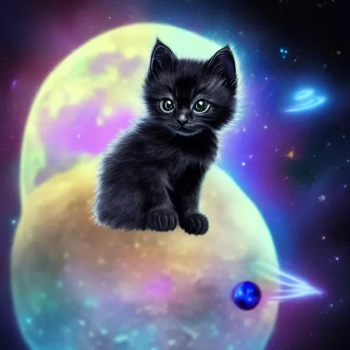 Prompt: a light up black kitten in space on the moon