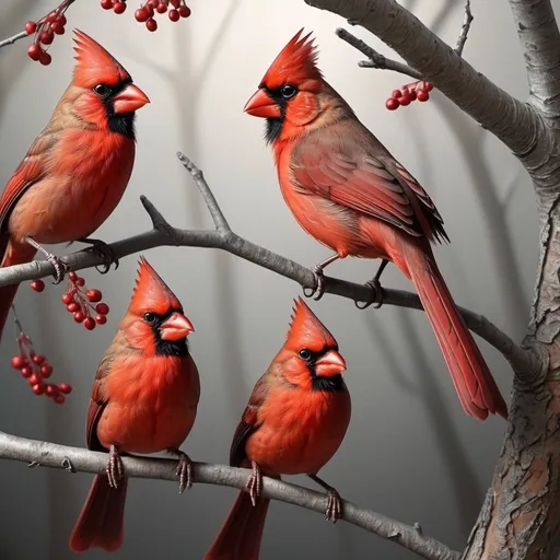 Prompt: red three cardinal birds in a tree one flying and the others siting on the branch close to the cardinal that is flying good bright lighting detailed hyper realistic (beautiful)