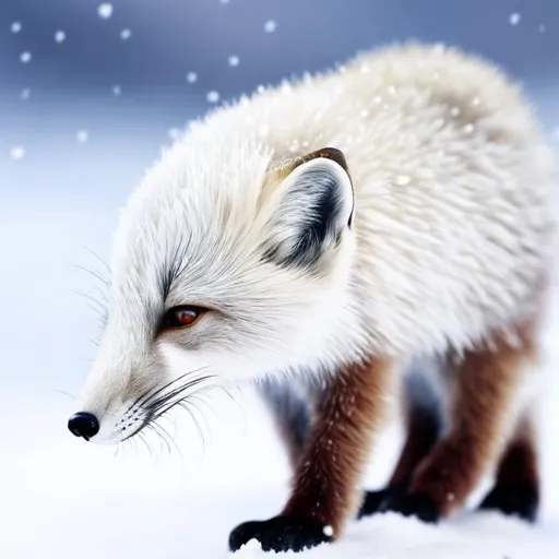 Prompt: white ice fox with ice particles aroud the fox in the artic with snow matins behine the ice fox