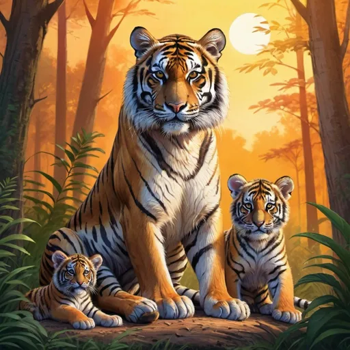 Prompt: Detailed illustration of a majestic tiger and two cubs in a lush forest clearing at sunset, warm and vibrant color tones, high quality, realistic, detailed fur, serene atmosphere, focused mother tiger, peaceful sunset, sleepy cub, sitting cub, forest setting, natural lighting