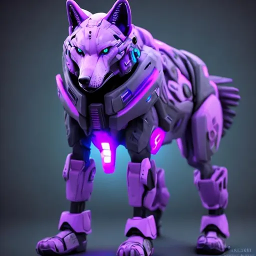 Prompt: sci fi wolf with accents of gray and purple futuristic
