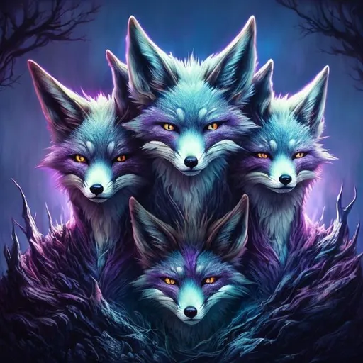 Prompt: 3-headed purple man-fox with light blue accents, detailed fur with reflections, surreal fantasy style, intense and eerie gaze, magical forest setting, high quality, fantasy, surreal, detailed fur, multiple heads, purple and light blue, atmospheric lighting