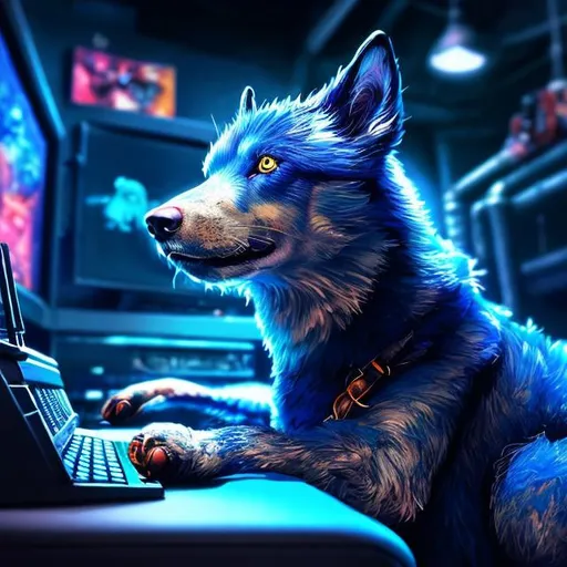 Prompt: Detailed digital illustration of a blue dog playing video games, high quality, ultra-detailed, vibrant colors, playful and energetic, digital painting, cool tones, realistic fur texture, futuristic gaming setup, intense focus, professional, atmospheric lighting, futuristic, cool-toned, detailed eyes