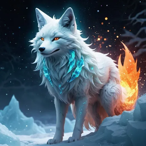 Prompt: Colorful translucent kyūbi no kitsune, glowing, nebula, glitter, den beneath the stars, bioluminescent, best quality, highres, concept art shattered ice fire in the ski worior white backroad
