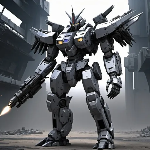 Prompt: HD 4k clear Armored Core last raven Mecha Fantasy Superhero art of mechanical armor futuristic sleek crown shaped head, angular chest, right arm massive and powerful, left arm holding blaster, rocket legs showing data and statistics
