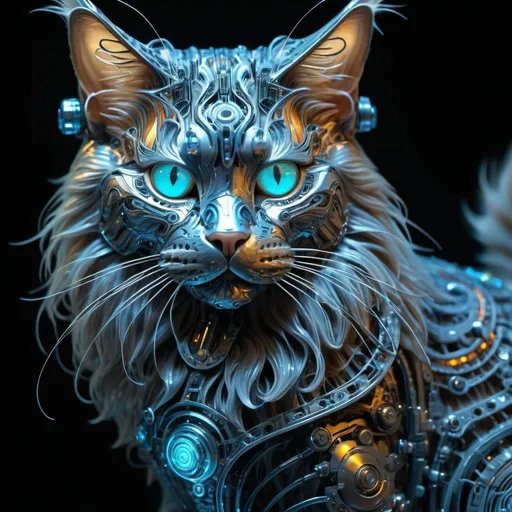 Prompt: **Bioluminescent transparent mechanical maine coon cat made from hylozoic techno-construction lace circuitry,some iron armor on it