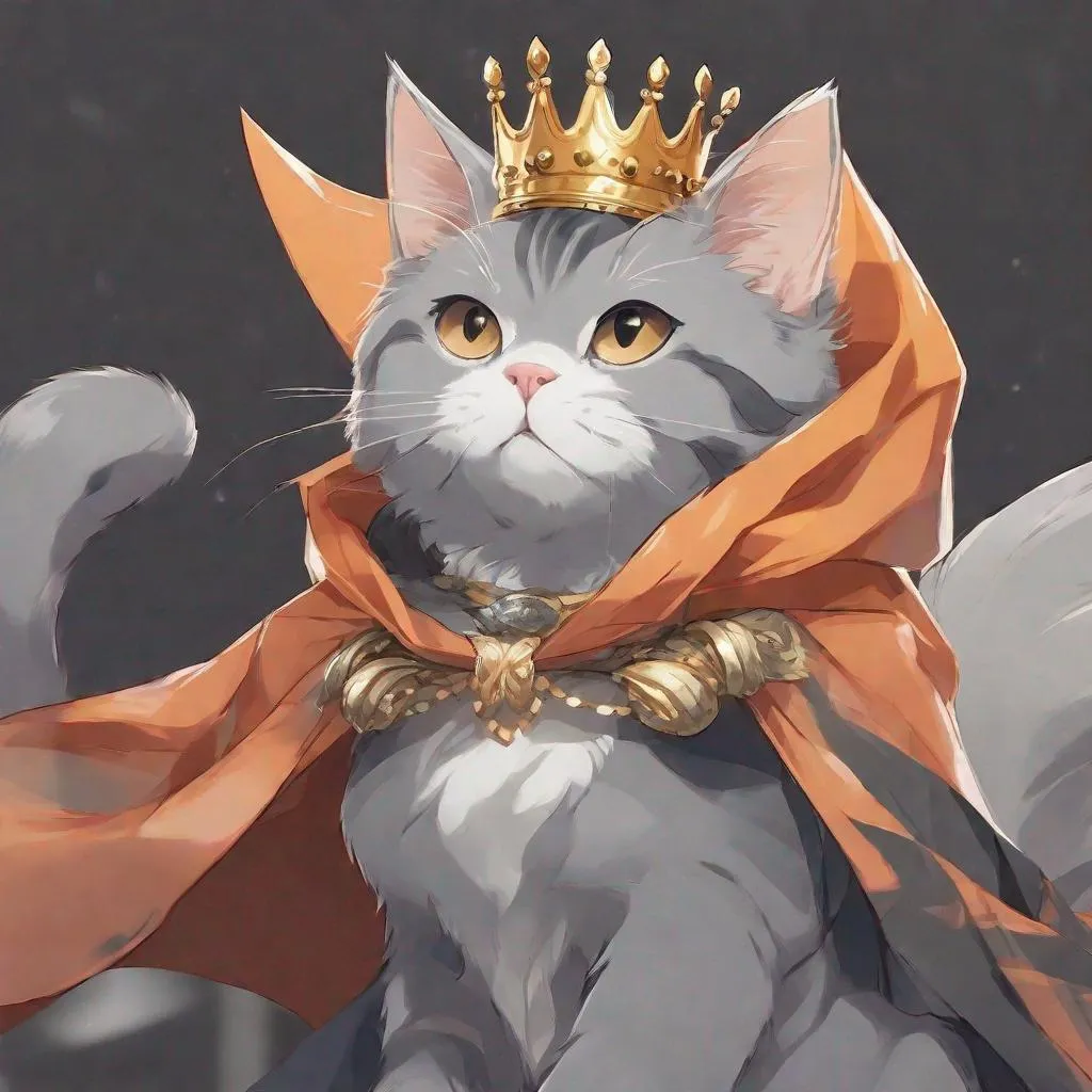 Prompt: a gray cat with whit strips and a crown and a orang cape flying anime