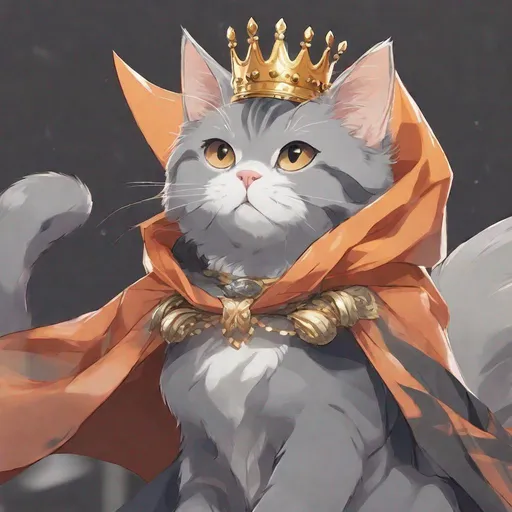 Prompt: a gray cat with whit strips and a crown and a orang cape flying anime