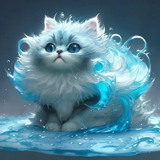 Prompt: Cute, blue, fluffy, liquid cat, possessing the element of water and making circles of water move around in the air in a magical way. Perfect features, extremely detailed, realistic. Krenz Cushart + loish +gaston bussiere +craig mullins, j. c. leyendecker +Artgerm.