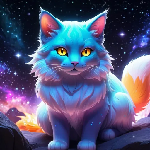 Prompt: A colorful translucent cat no kitsune that is glowing, nebula, glitter, in the den, beneath the stars, bioluminescent, highres, best quality, concept art 

