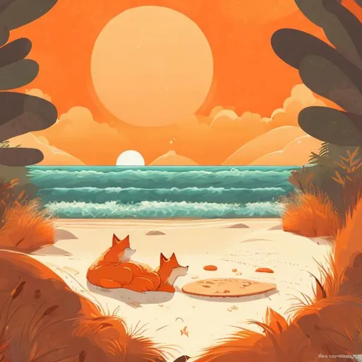 Prompt: Detailed illustration of a serene scene with a red and orange wolf sleeping on the beach, warm sunset lighting, realistic fur textures, high quality, beach landscape, peaceful ambiance, red and orange color palette, detailed fur, realistic, sandy beach, tranquil, serene, sunset lighting, animal, warm tones, detailed illustration