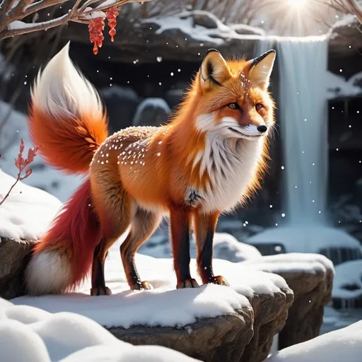 Prompt: red and orang fluffy fox in the snow at a waterfall with crystals around it good lighting detailed anima