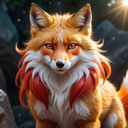 Prompt: warrior (fox) with {bright scarlet fur} and {ruby red eyes}, feral fox, kitsune, nine-tailed fox, gorgeous anime portrait, beautiful cartoon, beautiful 8k eyes, elegant {red fur}, four-legged, quadruped, pronounced scar on chest, oil painting, modest, gazing at viewer, fiery red eyes, glistening golden hair, furry golden paws, low angle view, 64k, hyper detailed, expressive, graceful, beautiful, small lithe cat, expansive silky golden mane, shining fur, deep starry sky, UHD background, golden ratio, precise, perfect proportions, vibrant colors, standing majestically on a tall crystal stone, hyper detailed, complementary colors, UHD, HDR, top quality art, beautiful detailed background, unreal 5, artstaion, deviantart, instagram, professional, masterpiece
