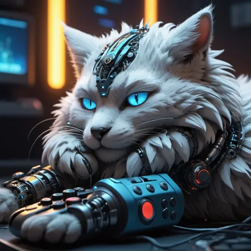 Prompt: Highly detailed phoenixpunk scene cub sleeping, hyper-realistic 4K rendering, volumetric lighting, HD quality, futuristic cityscape backdrop, mechanical feline with intricate joints and circuit patterns, cool-toned futuristic atmosphere, detailed fur with lifelike textures, cyberpunk aesthetic, ultra-detailed, volumetric lighting, professional rendering, HD, 4K blue eyes sleeping fluffy still colorful playing video games