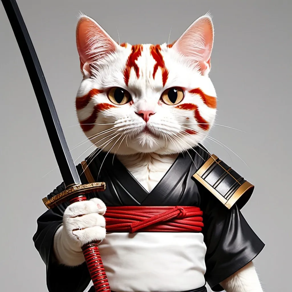 Prompt: A red and white cat wearing a black samurai outfit. Has a scar on face. Anime style, holding sword at the hilt hyper realistic
