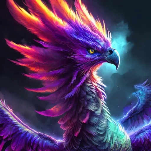 Prompt: High-res sci-fi digital art of a majestic purple phoenix, lime accents, futuristic setting, detailed feathers with vibrant highlights, intense gaze, otherworldly atmosphere, best quality, sci-fi, futuristic, detailed feathers, intense gaze, vibrant colors, majestic, atmospheric lighting