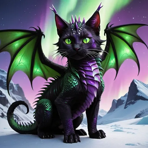 Prompt: black and green cat riding a green and purple ice dragon with some ice and northern lights detailed hyper realistic the black and green cat and the dragon are in the sky the ice dragon has wings and a dragon tail make sure it has two dragon wings and one tail the black and green cat is riding the dragon there should be no red orange or yellow. northern lights in the sky the dragon cat has lots of accents of purple and purple spikes on its dragon tail
