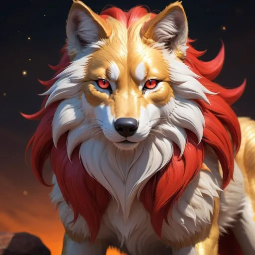 Prompt: warrior (wolf) with {bright scarlet fur} and {ruby red eyes}, feral wolf, kitsune, nine-tailed lion, gorgeous anime portrait, beautiful cartoon, beautiful 8k eyes, elegant {red fur}, four-legged, quadruped, pronounced scar on chest, oil painting, modest, gazing at viewer, fiery red eyes, glistening golden hair, furry golden paws, low angle view, 64k, hyper detailed, expressive, graceful, beautiful, small lithe cat, expansive silky golden mane, shining fur, deep starry sky, UHD background, golden ratio, precise, perfect proportions, vibrant colors, standing majestically on a tall crystal stone, hyper detailed, complementary colors, UHD, HDR, top quality art, beautiful detailed background, unreal 5, artstaion, deviantart, instagram, professional, masterpiece (lots of red gold and orange)
