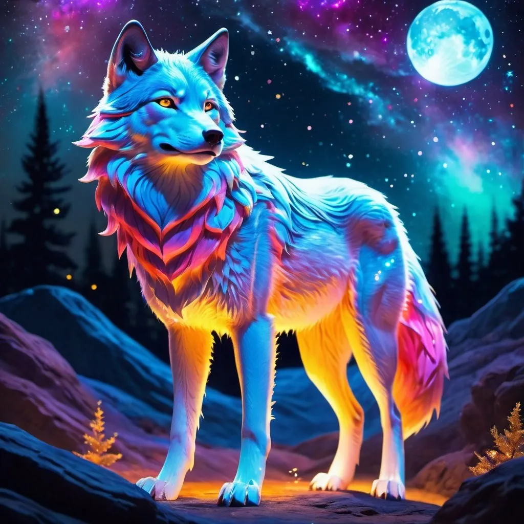 Prompt: A colorful translucent wolf no kitsune that is glowing, nebula, glitter, in the den, beneath the stars, bioluminescent, highres, best quality, concept art 
