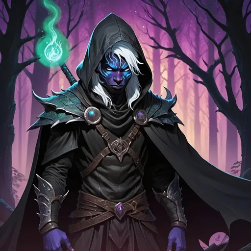 Prompt: A former drow slave turned shadow sorcerer. The young boy has obsidian black skin and marble white hair. He wears a tattered black cloak, leather armor and a hood to cover his face. His power manifests as liquid purple and cyan flames that hover around him. The shadows around him shift and change showing anger despite his emotionless face. Vector Style, Color Enhance, High contrast wild cat dragon waring a black cloak warrior siting in hyper realistic fantasy forest future seen with northern lights above the wild cat waring a cloak warrior the wild cat dragon has two dragon wings cute detailed

