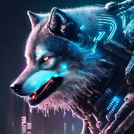 Prompt: Detailed sci-fi illustration of a majestic wolf, futuristic cyberpunk setting, glowing neon lights, ultra-detailed fur with sci-fi reflections, intense and intelligent gaze, high-tech cybernetic enhancements, best quality, highres, ultra-detailed, sci-fi, cyberpunk, detailed eyes, majestic, futuristic, atmospheric lighting
