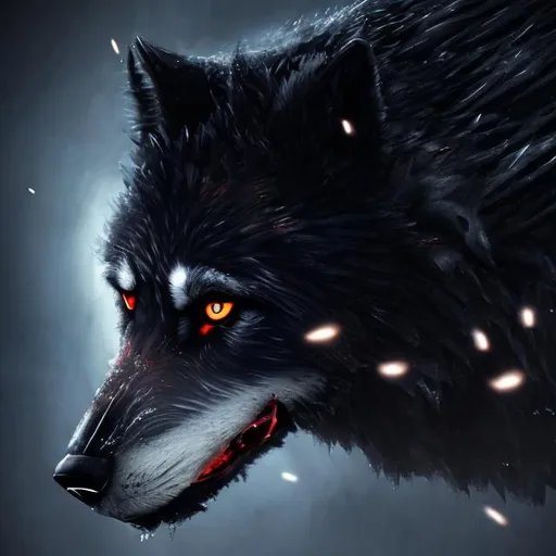 Prompt: High-quality 3D rendering of a black wolf, detailed red accents, intense gaze, realistic fur texture, mysterious atmosphere, highres, detailed, 3D rendering, black wolf, red accents, intense gaze, realistic fur texture, mysterious atmosphere