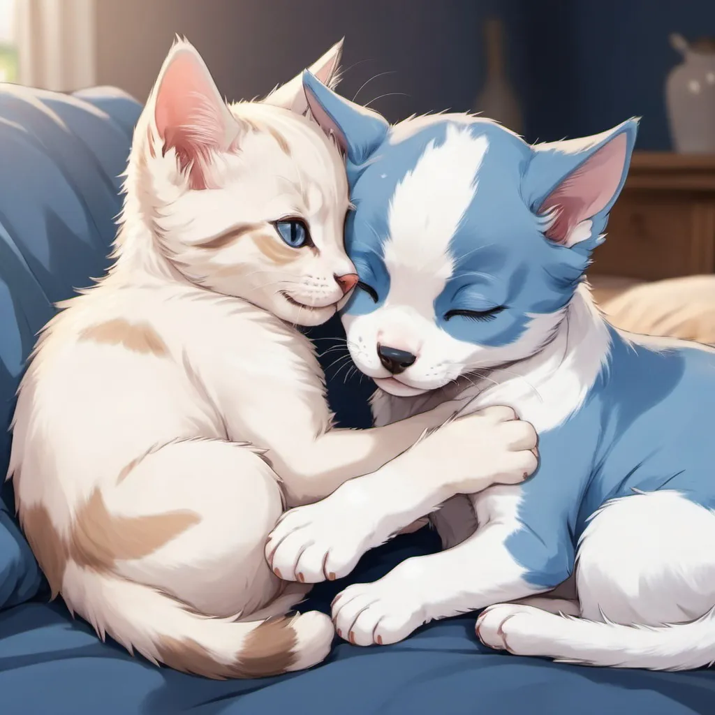 Prompt: a puppy and a kitten both blue with white they are snugging anime