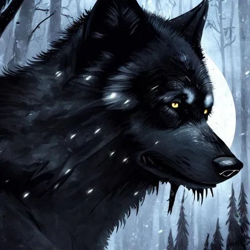 Prompt: Detailed highres illustration of a majestic black wolf, cool white accents, realistic fur details, intense and piercing gaze, mystical forest setting, moonlight casting a white glow, best quality, detailed fur, cool tones, atmospheric lighting