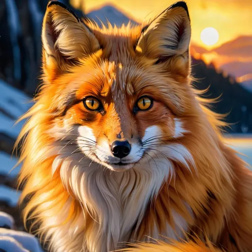 Prompt: detailed oil portrait of a stunning beautiful fox with {broad black and gold stripes} and {sunlit gold eyes}, tortie fox, nine-tailed fox, vitiligo fur, nine fluffy yellow tails, feral, kitsune tails, quadruped, male fox, Warrior cats by Erin Hunter, gorgeous anime portrait, intense cartoon, beautiful 8k eyes, kitsune, fiery, fire element, ice element, frost, detailed fine fur, fine oil painting, stunning, gorgeous, gazing at viewer, beaming eyes, lake shore sunrise, perfect reflection, shimmering, professional shading, sharply focused orange clouds, highly detailed cliffs in foreground, brilliant sunrise on golden sky, (horizontal background), 64k, hyper detailed, expressive, clever, beautiful, thick silky mane, golden ratio, symmetric, accurate anatomy, precise, perfect proportions, vibrant, standing majestically on a mountain, hyper detailed, complementary colors, UHD, HDR, top quality artwork, beautiful detailed background, unreal 5, artstaion, deviantart, instagram, professional, masterpiece
