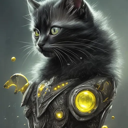 Prompt: Black kitten in gray armor with yellow gems, digital illustration, detailed fur with metallic reflections, intense and focused gaze, futuristic fantasy style, cool tones, highres, ultra-detailed, digital illustration, sci-fi, fantasy, detailed eyes, sleek design, professional, atmospheric lighting